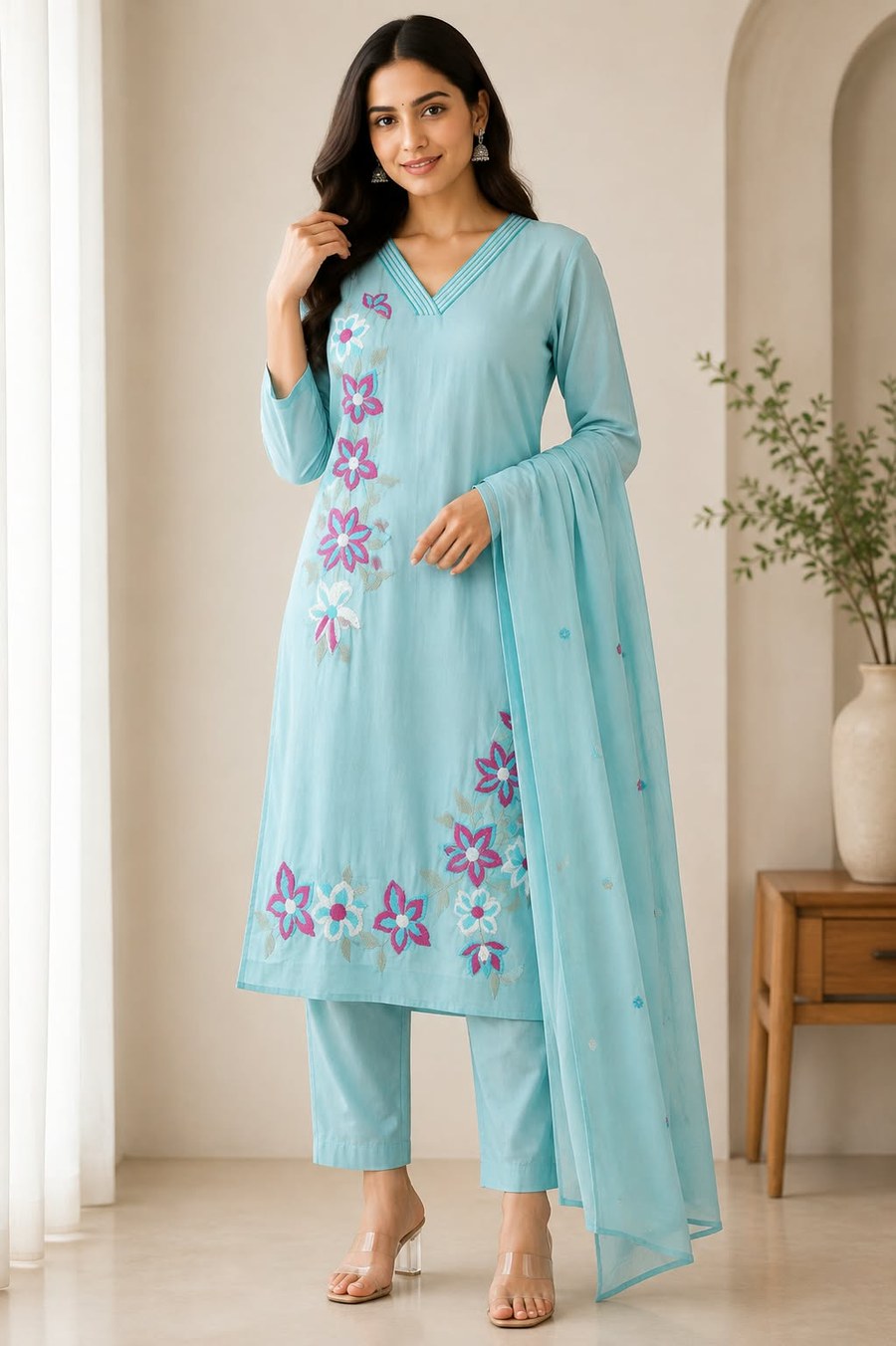 Aqua Bloom Floral-Embroidered Kurta Set – view 4