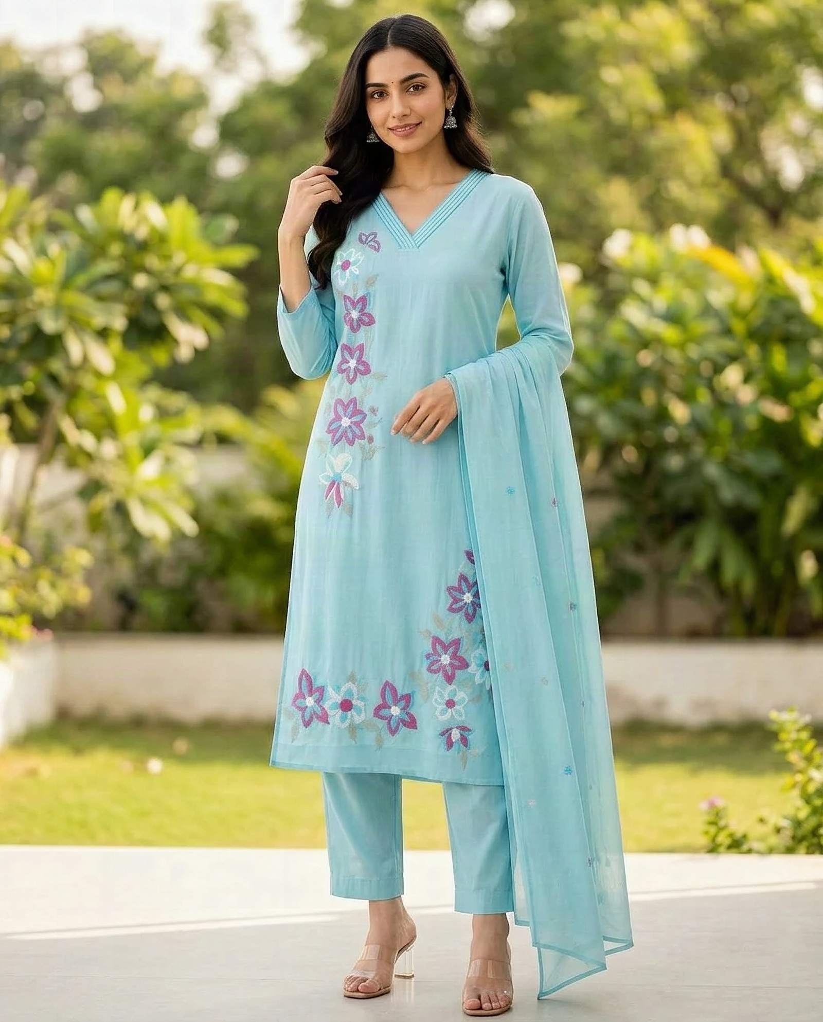 Aqua Bloom Floral-Embroidered Kurta Set – cotton kurta set