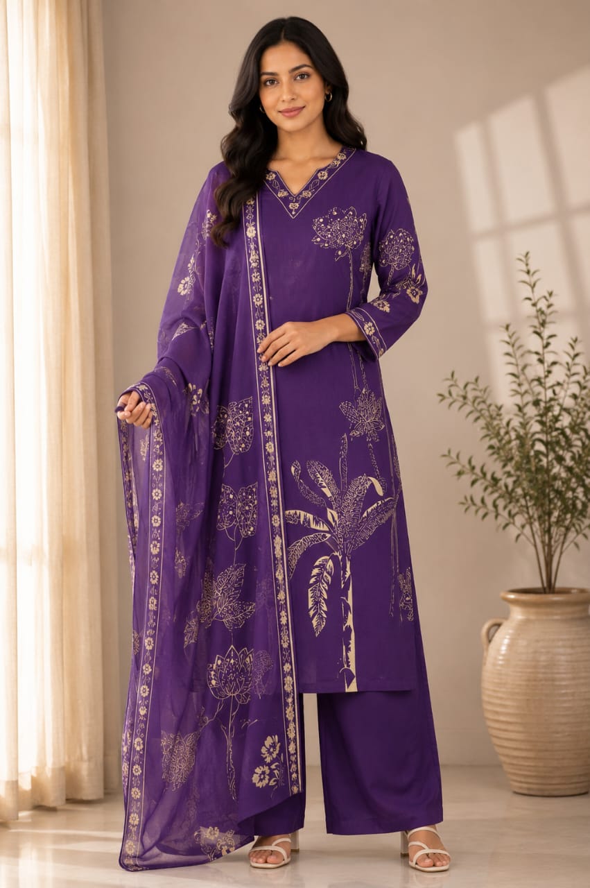 Botanical Grace Kurta Set – Royal Purple – cotton kurta set