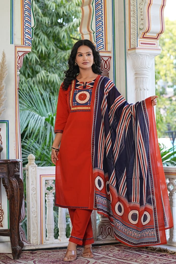 Crimson & Navy Tribal Accent Set – cotton kurta set