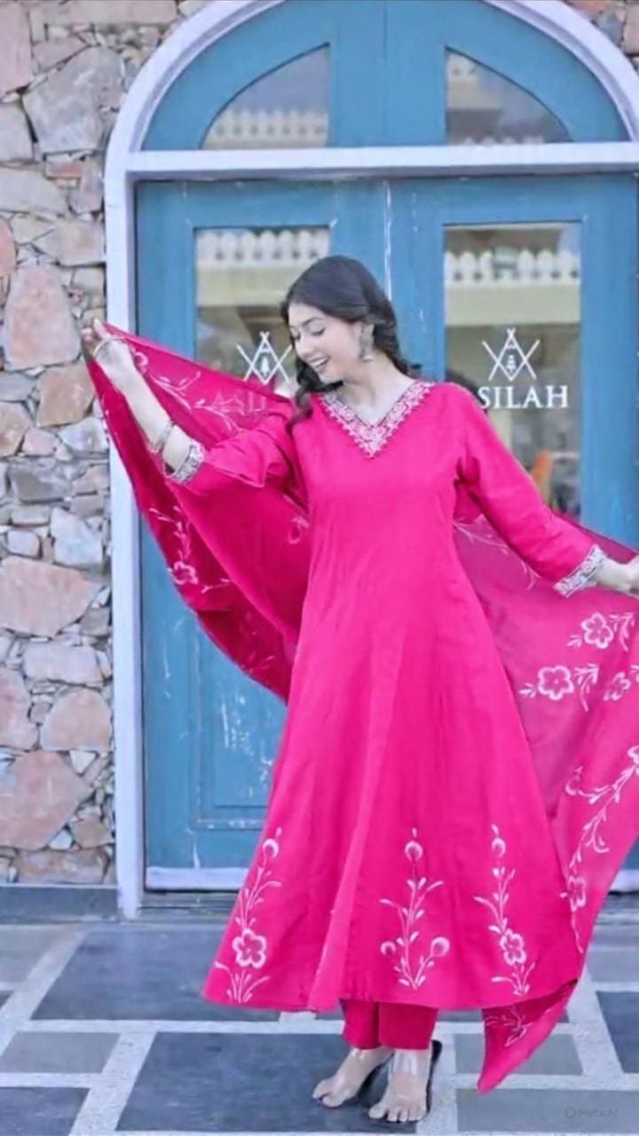 Magenta Blossom Flared Anarkali Set – cotton kurta set