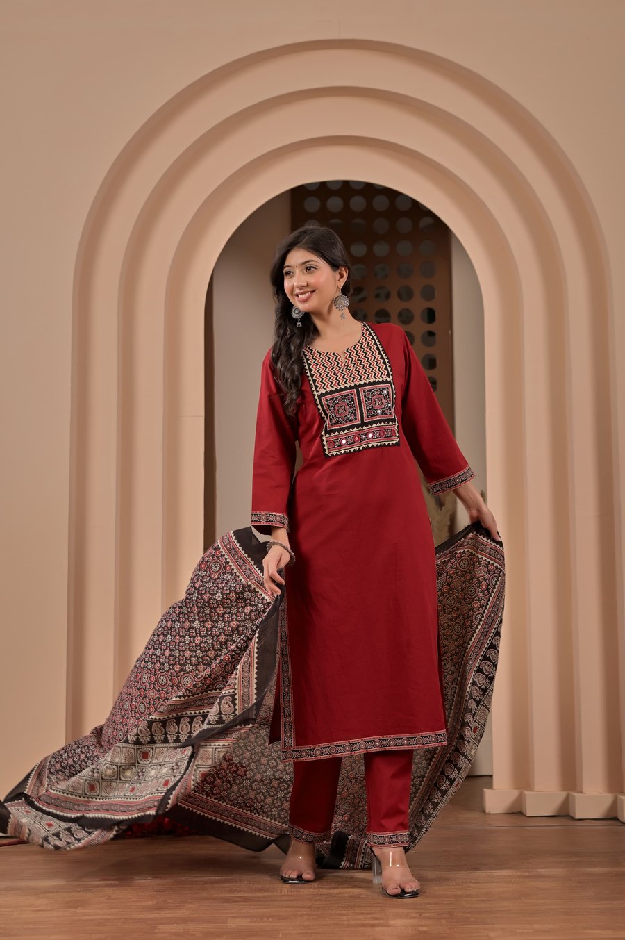 Maroon Ajrakh-Inspired Mirror Yoke Kurta Set – cotton kurta set