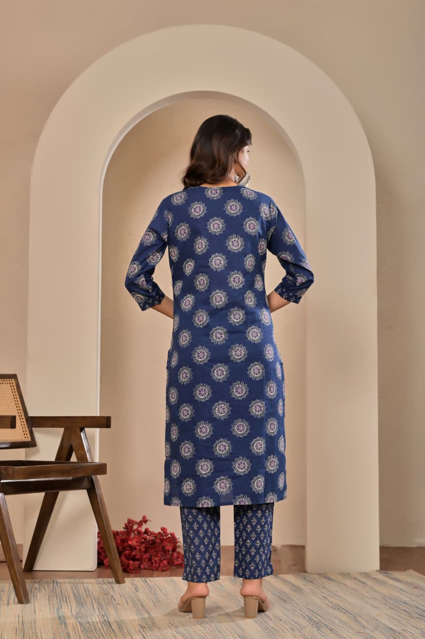 Midnight Blue Mandala Block-Print Set – cotton kurta set