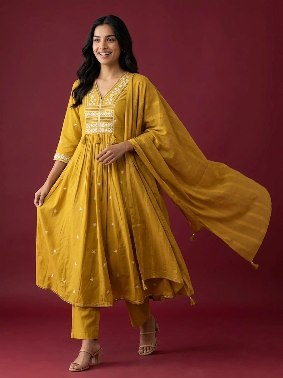 Sunshine Mustard Embroidered Anarkali Kurta Set – cotton kurta set