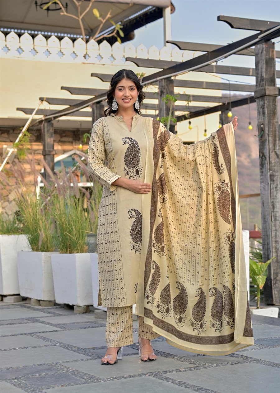 Sand & Mocha Paisley Kurta Set – cotton kurta set
